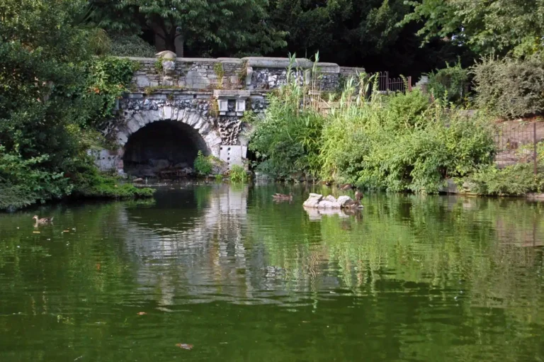 Stone bridge over the lake in Walpole Park, Ealing, with ducks on the water